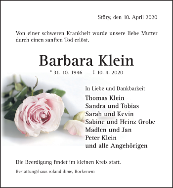 Traueranzeige von Barbara Klein von Hildesheimer Allgemeine Zeitung