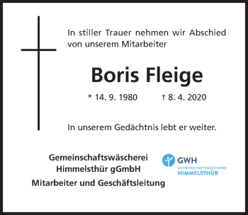 Traueranzeige von Boris Fleige von Hildesheimer Allgemeine Zeitung