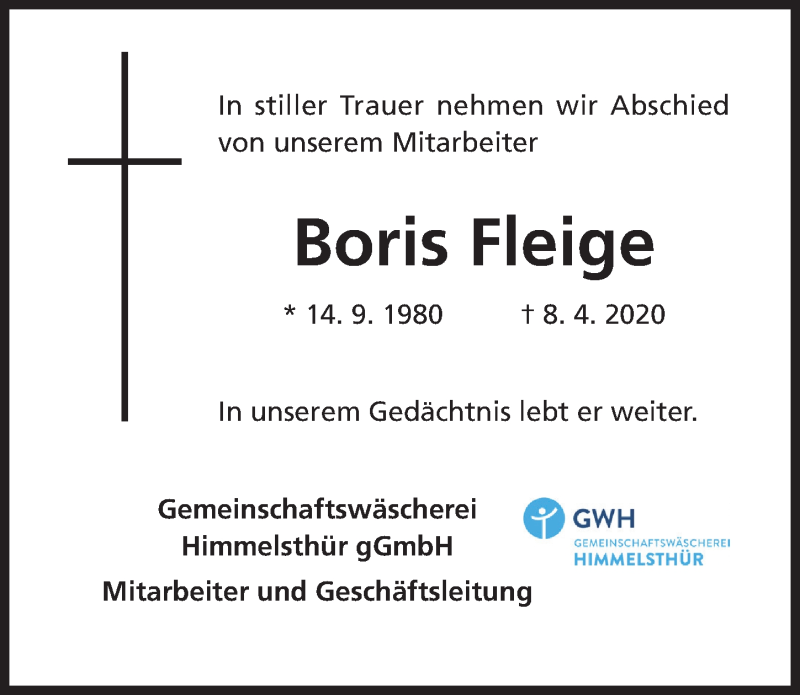  Traueranzeige für Boris Fleige vom 18.04.2020 aus Hildesheimer Allgemeine Zeitung