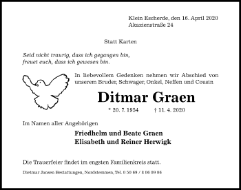 Traueranzeige von Ditmar Graen von Hildesheimer Allgemeine Zeitung