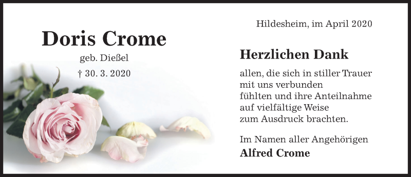  Traueranzeige für Doris Crome vom 16.04.2020 aus Hildesheimer Allgemeine Zeitung