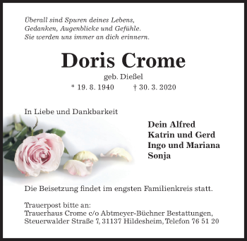 Traueranzeige von Doris Crome von Hildesheimer Allgemeine Zeitung