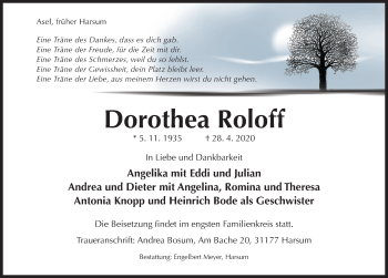 Traueranzeige von Dorothea Roloff von Hildesheimer Allgemeine Zeitung