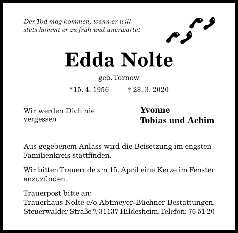  Traueranzeige für Edda Nolte vom 04.04.2020 aus Hildesheimer Allgemeine Zeitung