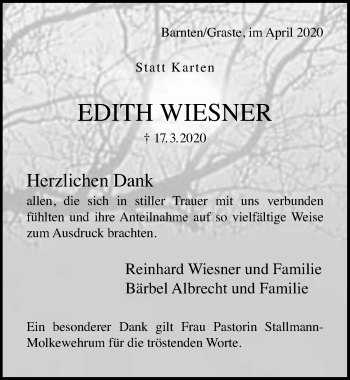 Traueranzeige von Edith Wiesner von Hildesheimer Allgemeine Zeitung