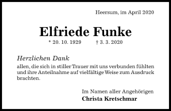 Traueranzeige von Elfriede Funke von Hildesheimer Allgemeine Zeitung