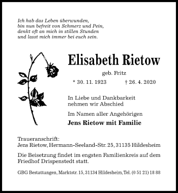 Traueranzeige von Elisabeth Rietow von Hildesheimer Allgemeine Zeitung