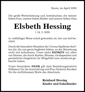 Traueranzeige von Elsbeth Hessing von Hildesheimer Allgemeine Zeitung