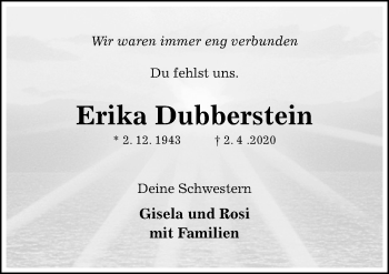 Traueranzeige von Erika Dubberstein von Hildesheimer Allgemeine Zeitung