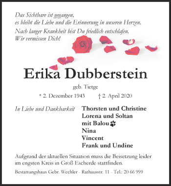 Traueranzeige von Erika Dubberstein von Hildesheimer Allgemeine Zeitung