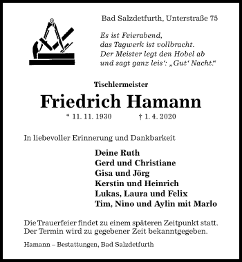 Traueranzeige von Friedrich Hamann von Hildesheimer Allgemeine Zeitung