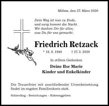 Traueranzeige von Friedrich Retzack von Hildesheimer Allgemeine Zeitung