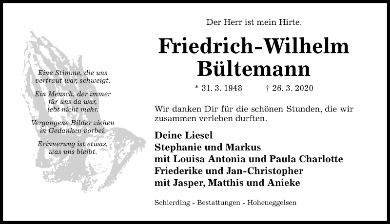  Traueranzeige für Friedrich-Wilhelm Bültemann vom 02.04.2020 aus Hildesheimer Allgemeine Zeitung