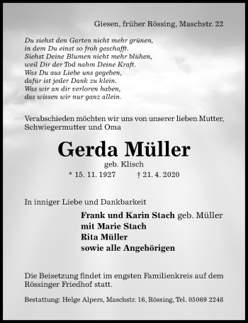 Traueranzeige von Gerda Müller von Hildesheimer Allgemeine Zeitung