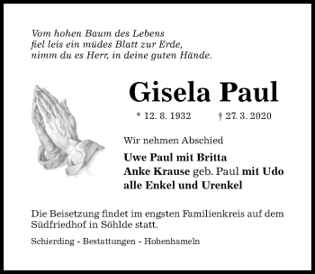 Traueranzeige von Gisela Paul von Hildesheimer Allgemeine Zeitung