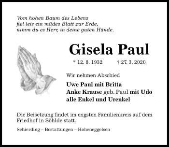 Traueranzeige von Gisela Paul von Hildesheimer Allgemeine Zeitung