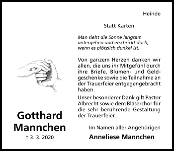 Traueranzeige von Gotthard Mannchen von Hildesheimer Allgemeine Zeitung