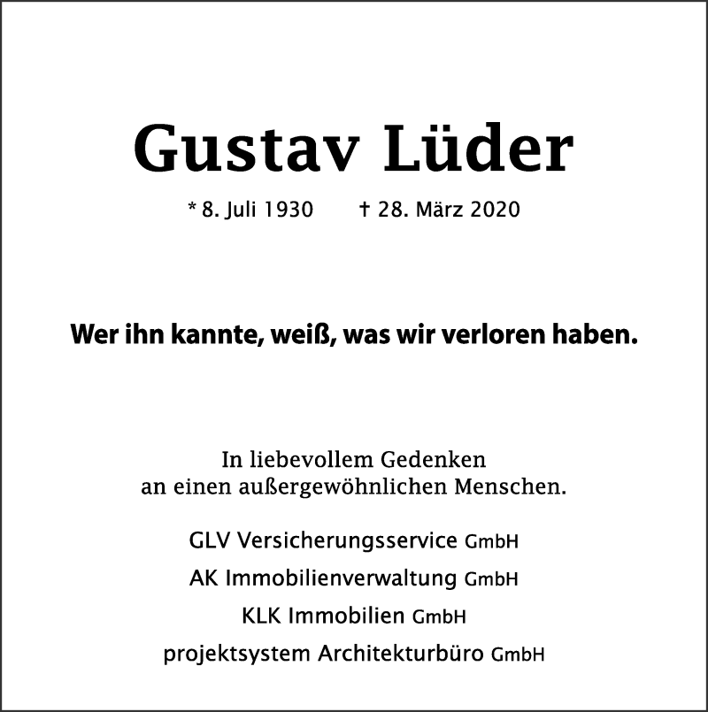 Traueranzeigen Von Gustav Luder Trauerportal Hildesheimer Allgemeine Zeitung