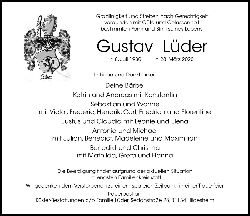 Traueranzeige für Gustav Lüder vom 01.04.2020 aus Hildesheimer Allgemeine Zeitung