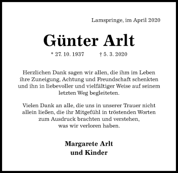 Traueranzeige von Günter Arlt von Hildesheimer Allgemeine Zeitung