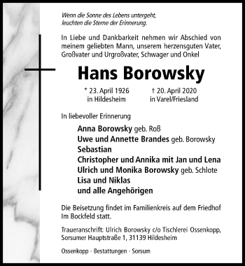 Traueranzeige von Hans Borowsky von Hildesheimer Allgemeine Zeitung