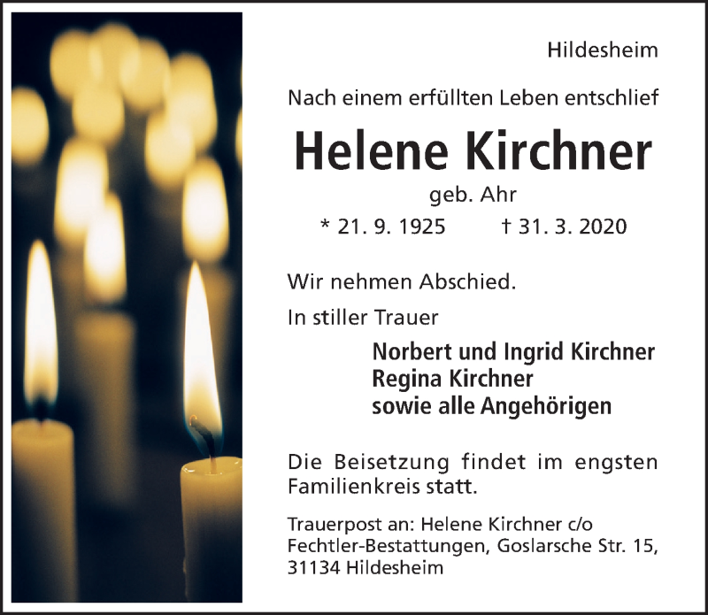  Traueranzeige für Helene Kirchner vom 02.04.2020 aus Hildesheimer Allgemeine Zeitung