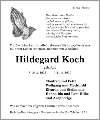 Traueranzeige von Hildegard Koch von Hildesheimer Allgemeine Zeitung