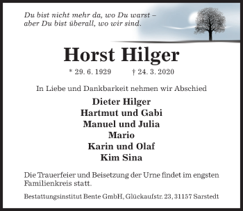 Traueranzeige von Horst Hilger von Hildesheimer Allgemeine Zeitung