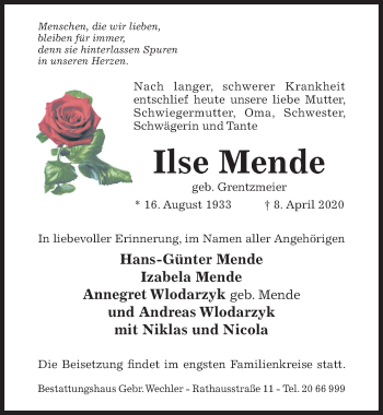 Traueranzeige von Ilse Mende von Hildesheimer Allgemeine Zeitung