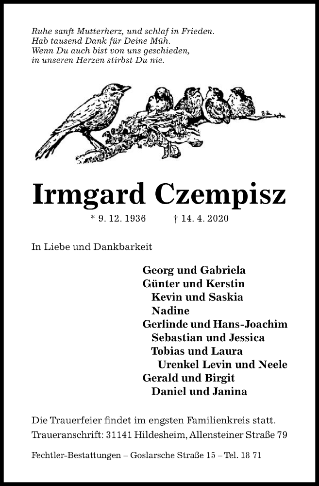  Traueranzeige für Irmgard Czempisz vom 18.04.2020 aus Hildesheimer Allgemeine Zeitung