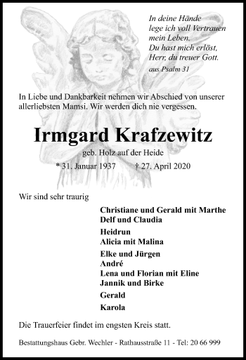Traueranzeige von Irmgard Krafzewitz von Hildesheimer Allgemeine Zeitung