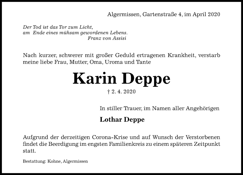  Traueranzeige für Karin Deppe vom 09.04.2020 aus Hildesheimer Allgemeine Zeitung
