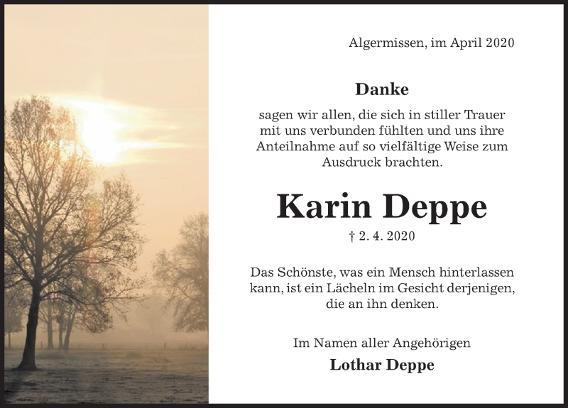  Traueranzeige für Karin Deppe vom 30.04.2020 aus Hildesheimer Allgemeine Zeitung