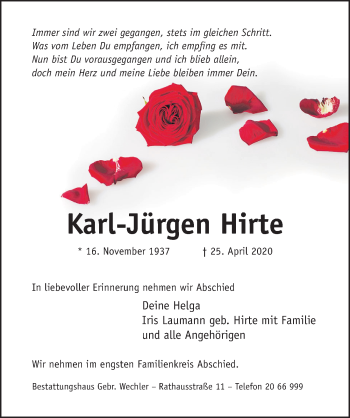 Traueranzeige von Karl-Jürgen Hirte von Hildesheimer Allgemeine Zeitung
