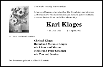 Traueranzeige von Karl Klages von Hildesheimer Allgemeine Zeitung