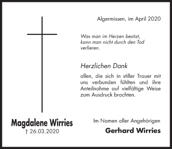 Traueranzeige von Magdalene Wirries von Hildesheimer Allgemeine Zeitung