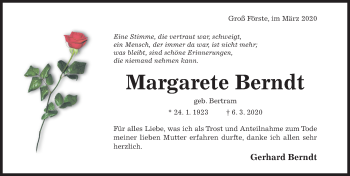 Traueranzeige von Margarete Berndt von Hildesheimer Allgemeine Zeitung