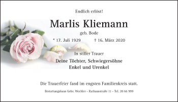 Traueranzeige von Marlis Kliemann von Hildesheimer Allgemeine Zeitung