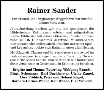 Traueranzeige von Rainer Sander von Hildesheimer Allgemeine Zeitung