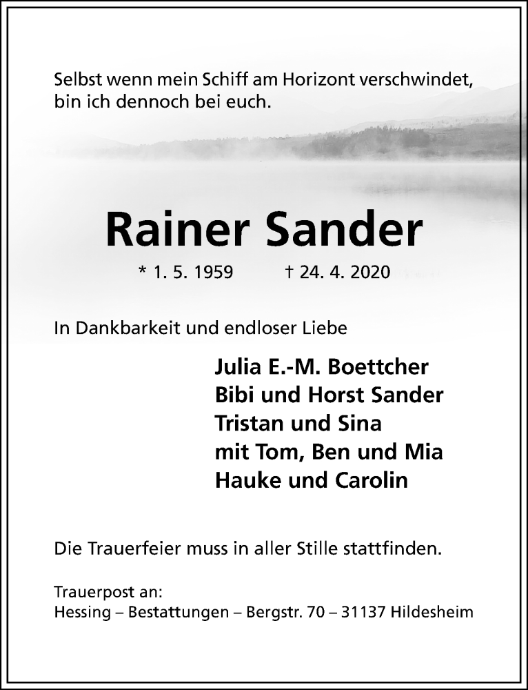  Traueranzeige für Rainer Sander vom 30.04.2020 aus Hildesheimer Allgemeine Zeitung