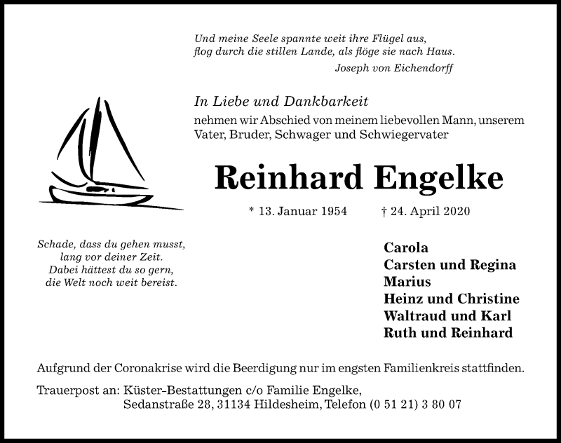  Traueranzeige für Reinhard Engelke vom 30.04.2020 aus Hildesheimer Allgemeine Zeitung