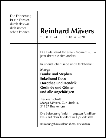 Traueranzeige von Reinhard Mävers von Hildesheimer Allgemeine Zeitung