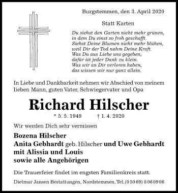 Traueranzeige von Richard Hilscher von Hildesheimer Allgemeine Zeitung