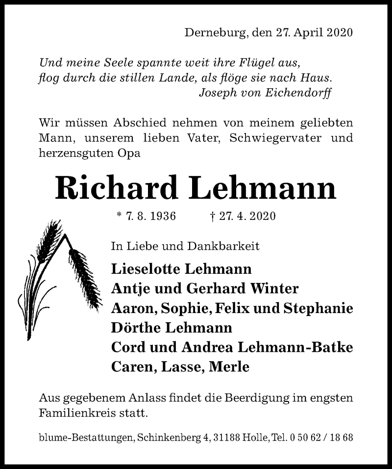  Traueranzeige für Richard Lehmann vom 29.04.2020 aus Hildesheimer Allgemeine Zeitung