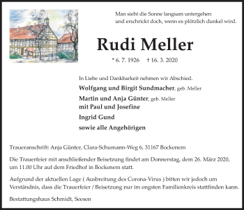 Traueranzeige von Rudi Meller von Hildesheimer Allgemeine Zeitung