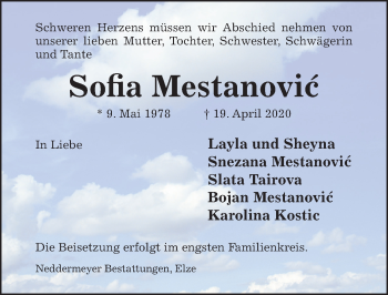 Traueranzeige von Sofia Mestanovic von Hildesheimer Allgemeine Zeitung