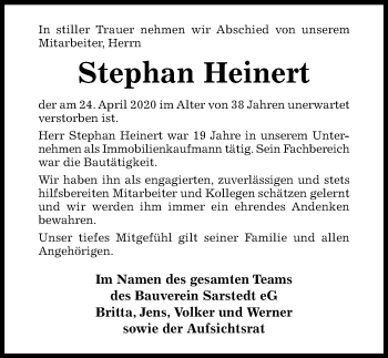 Traueranzeige von Stephan Heinert von Hildesheimer Allgemeine Zeitung