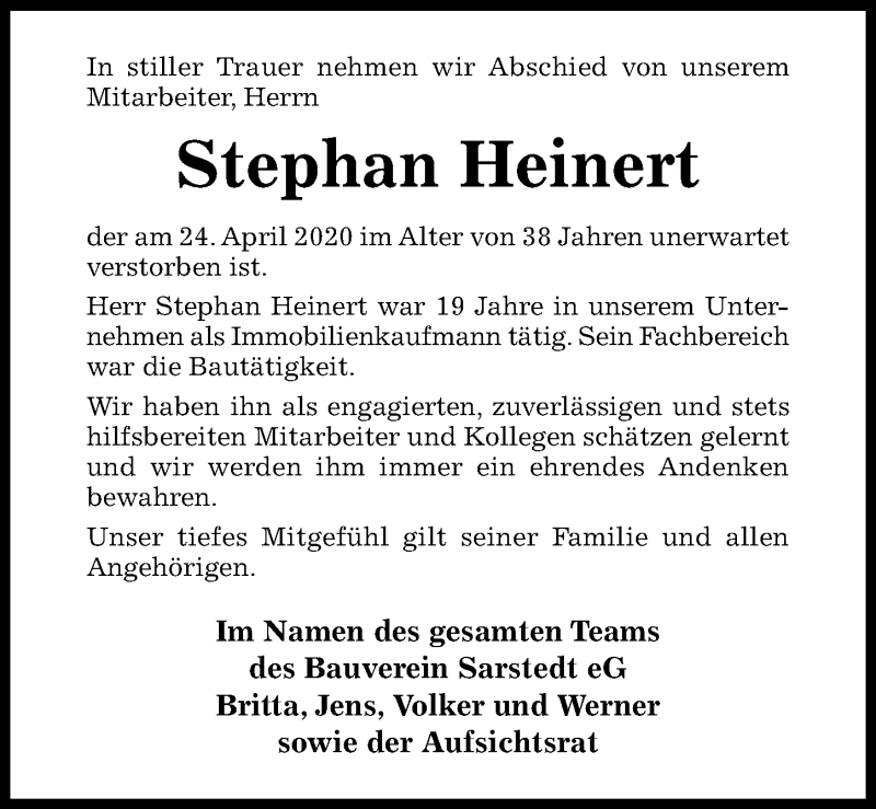 Traueranzeige für Stephan Heinert vom 29.04.2020 aus Hildesheimer Allgemeine Zeitung