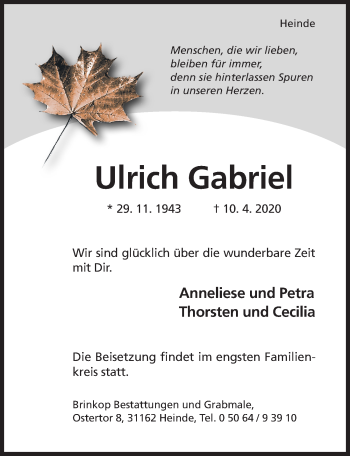 Traueranzeige von Ulrich Gabriel von Hildesheimer Allgemeine Zeitung