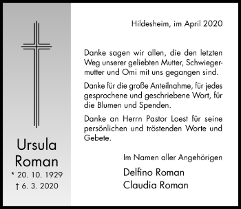 Traueranzeige von Ursula Roman von Hildesheimer Allgemeine Zeitung